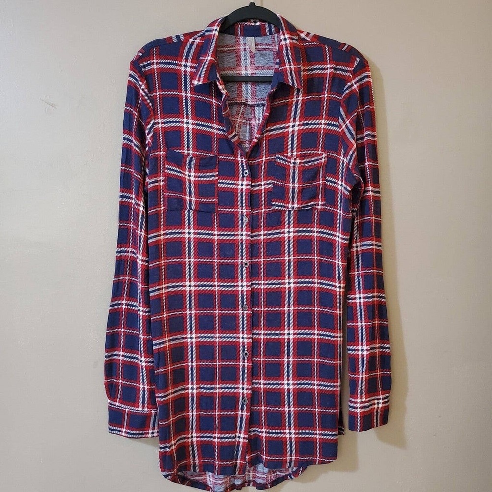 Vanity Womens Tunic Top Size‎ Small Burgundy Blue Plaid Split Seams Button Front